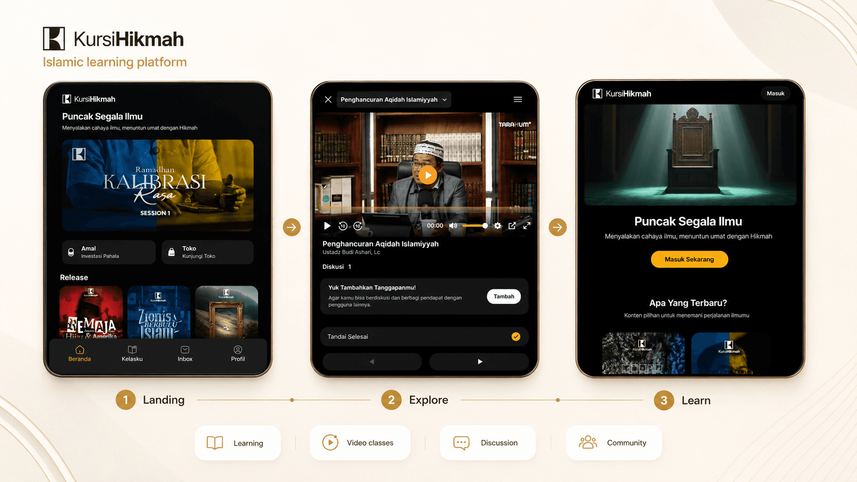 Kursi Hikmah responsive web interface and class detail UI